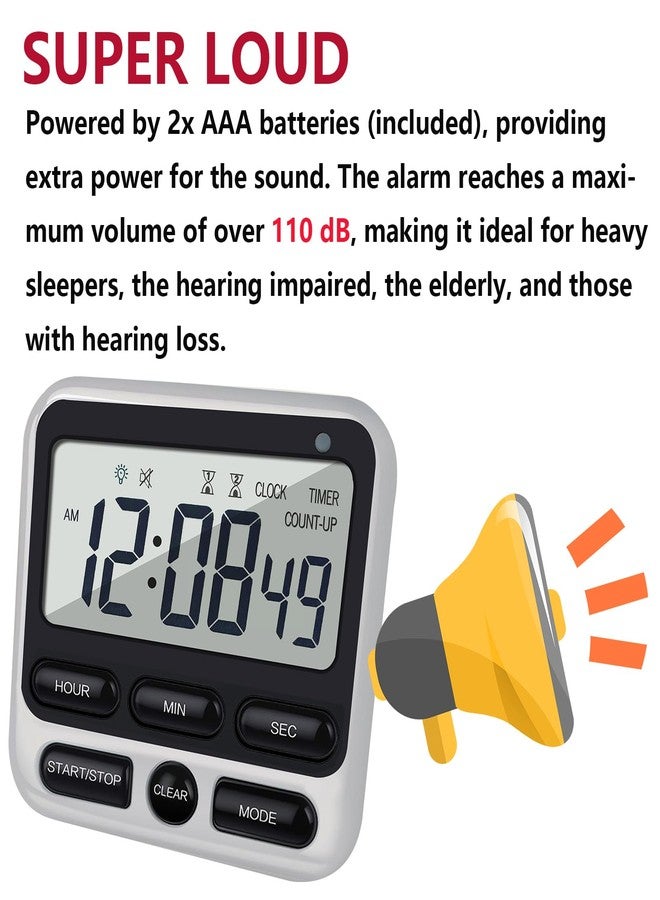 MLWSHR Multinational Digital Dual Kitchen Timer with Magnetic Mount, 24-Hour Countdown & Stopwatch, Alarm Clock, Calendar, Visual & Audio Alerts, Mute Option, Batteries Included - Image 3